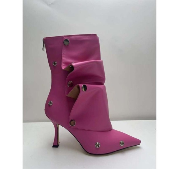 High heeled pointed metal rivet denim patchwork boots - Picture 12 of 16